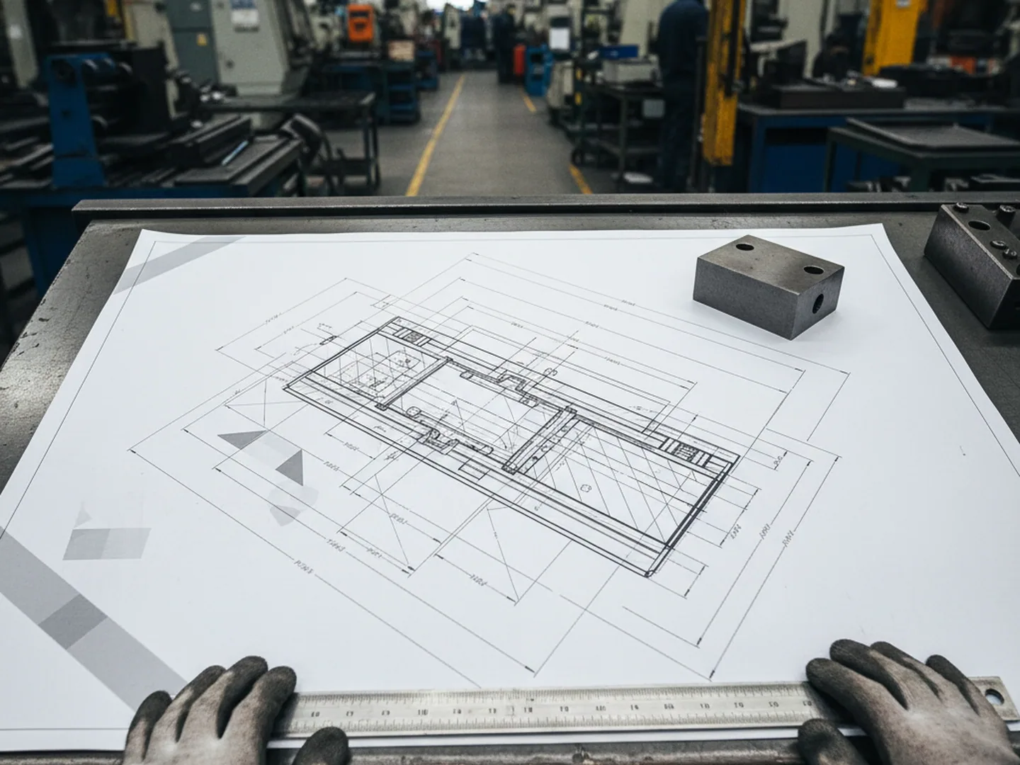 Technical desk working through a die drawing against the 1.2367 tool steel window before quoting