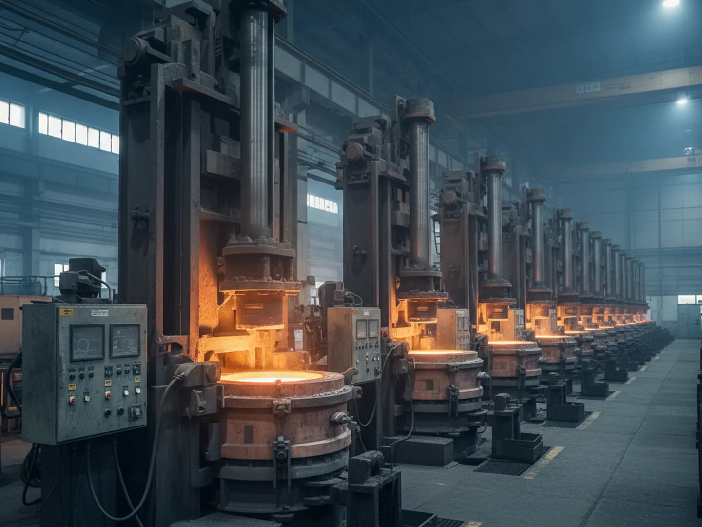 Row of electroslag remelting furnaces running ingots for 1.2367 tool steel