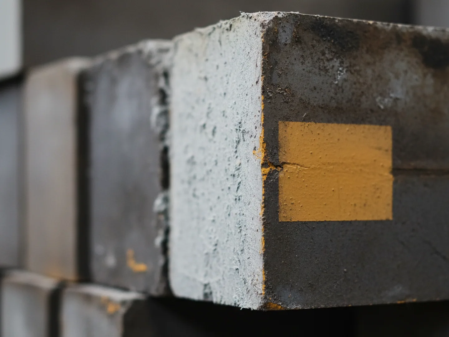 Sawn end of a 1.2367 tool steel block set aside against its own inspection record