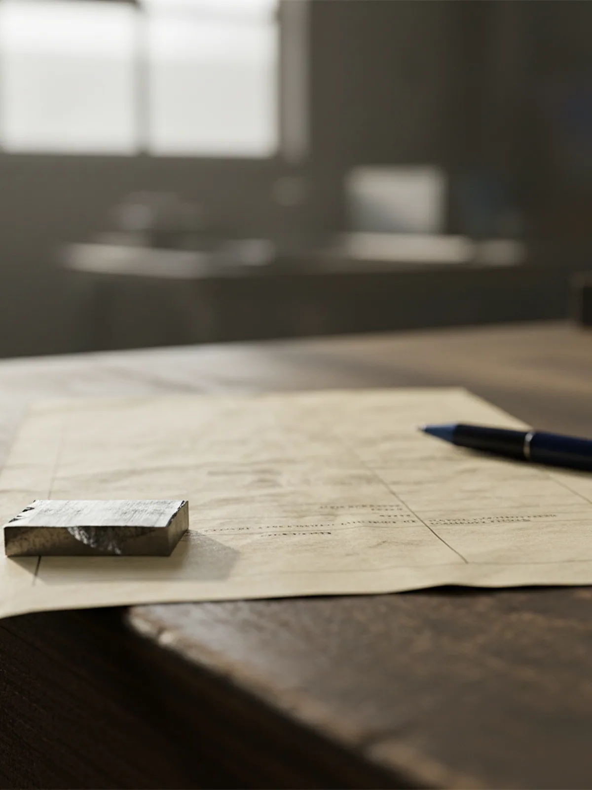Material test certificate paperwork on the quality desk beside a 1.2367 tool steel offcut