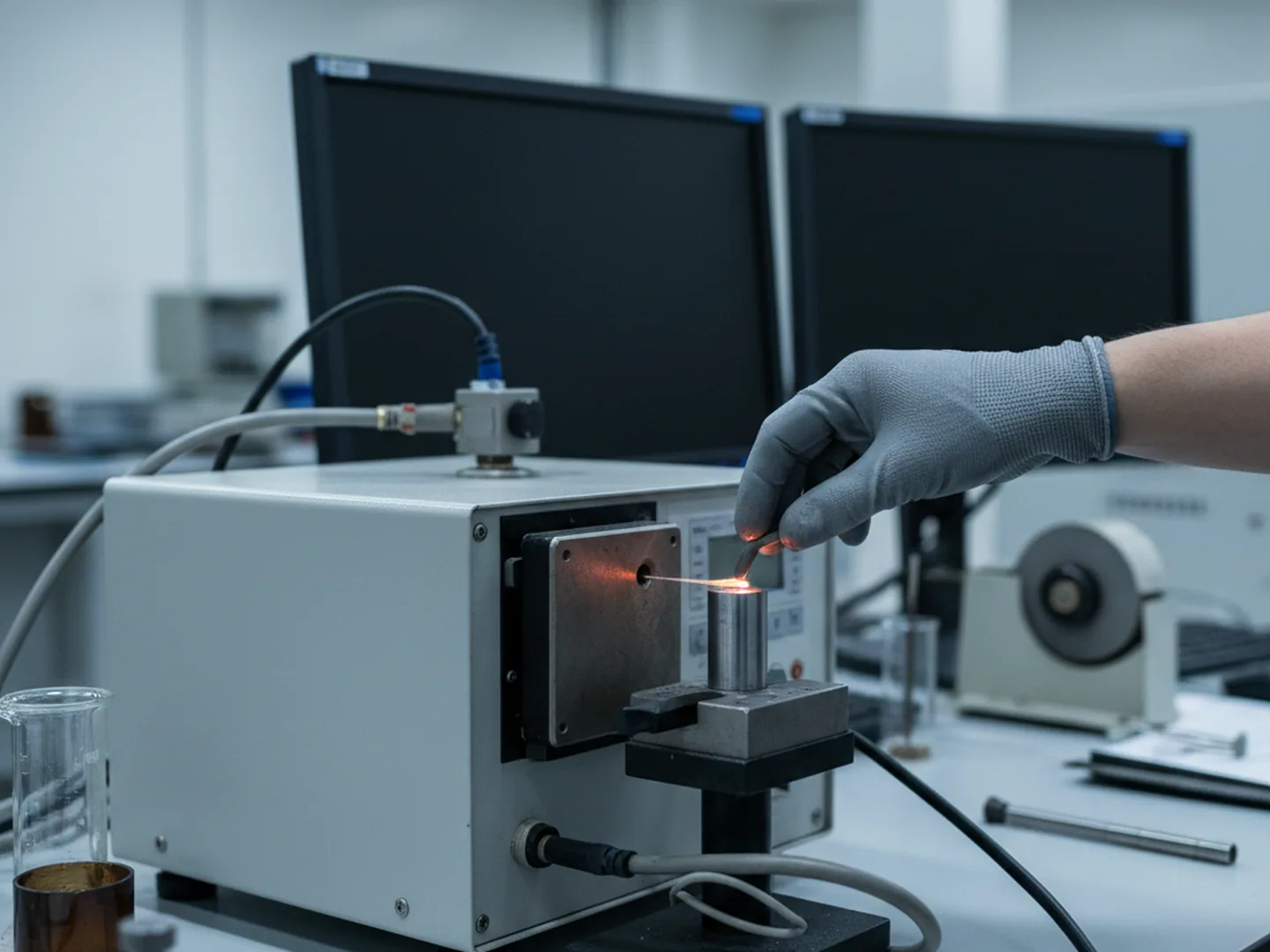 Optical emission spectrometer reading the molybdenum content of a 1.2367 tool steel heat