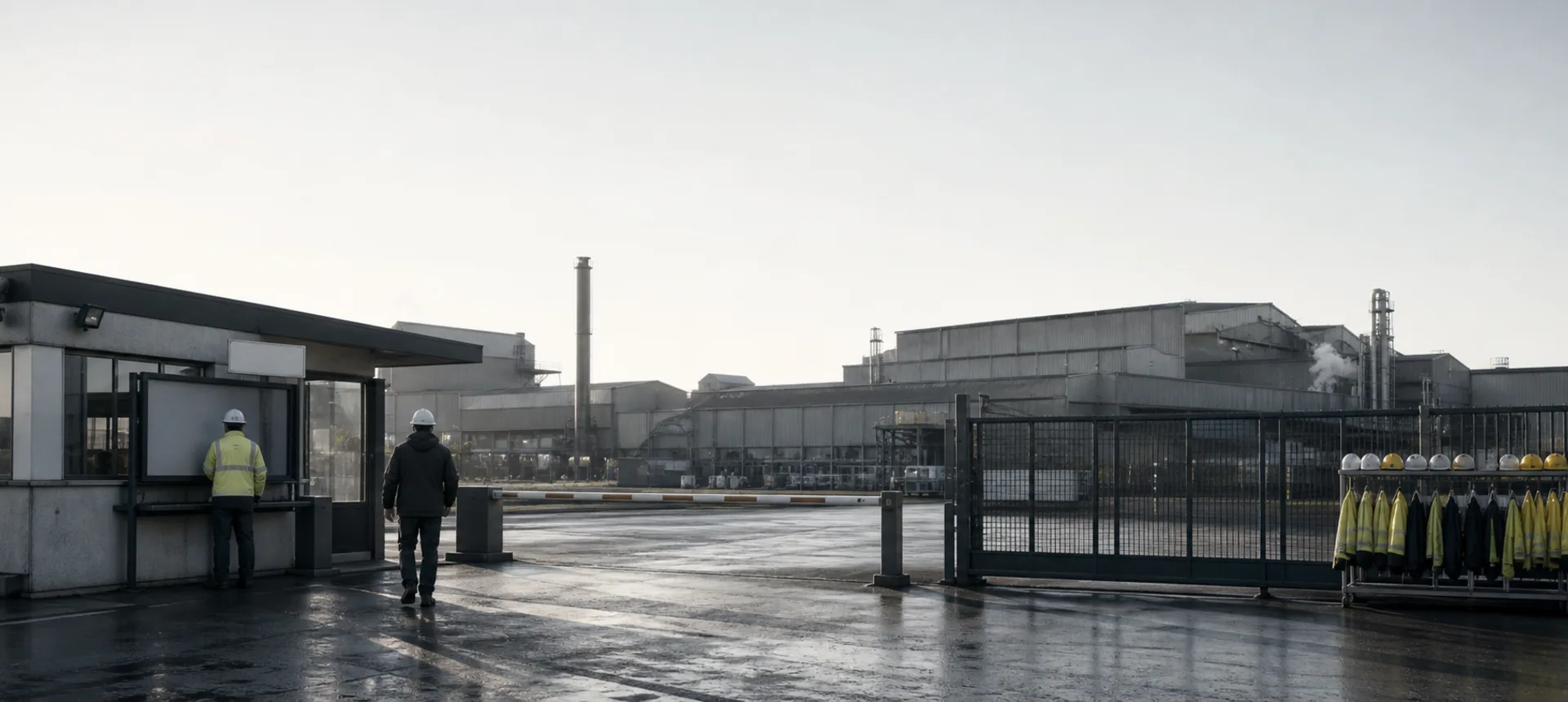 Main gate and production halls of the tool steel factory on a visit morning