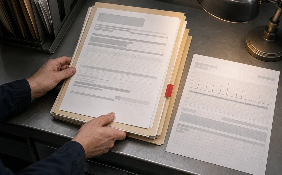 Archived heat file opened at the ultrasonic and metallography records for a single batch