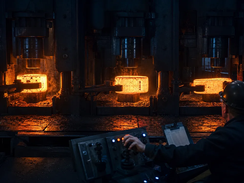 Forging line with heated tool steel blocks under successive press stations