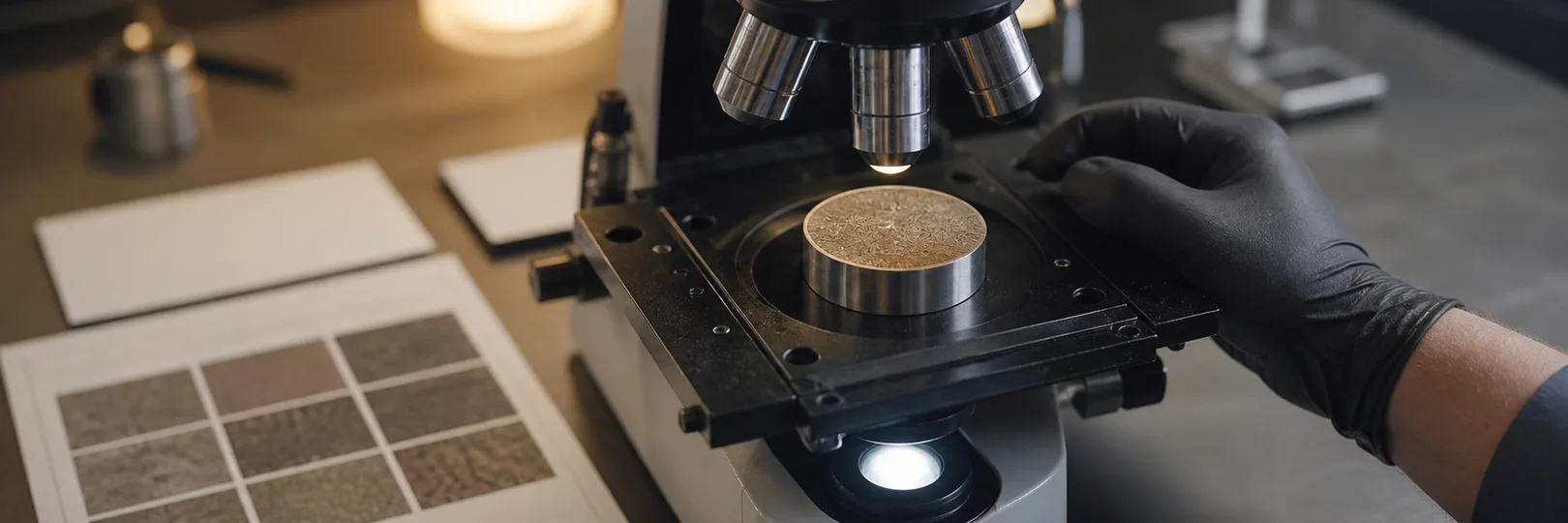 Metallographic sample under the microscope beside a rating chart in the metallography room