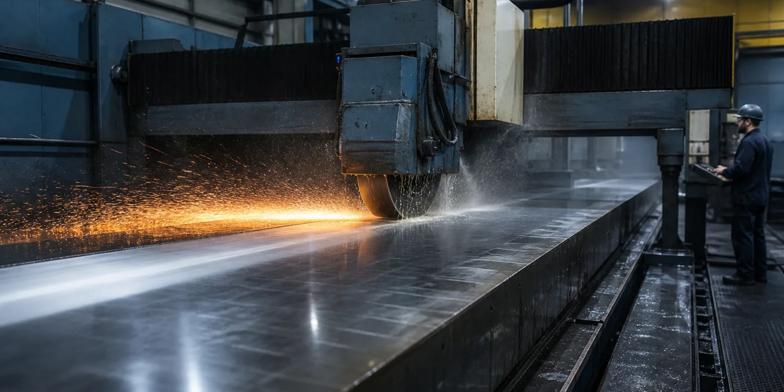 Gantry grinder finishing a wide tool steel plate to thickness