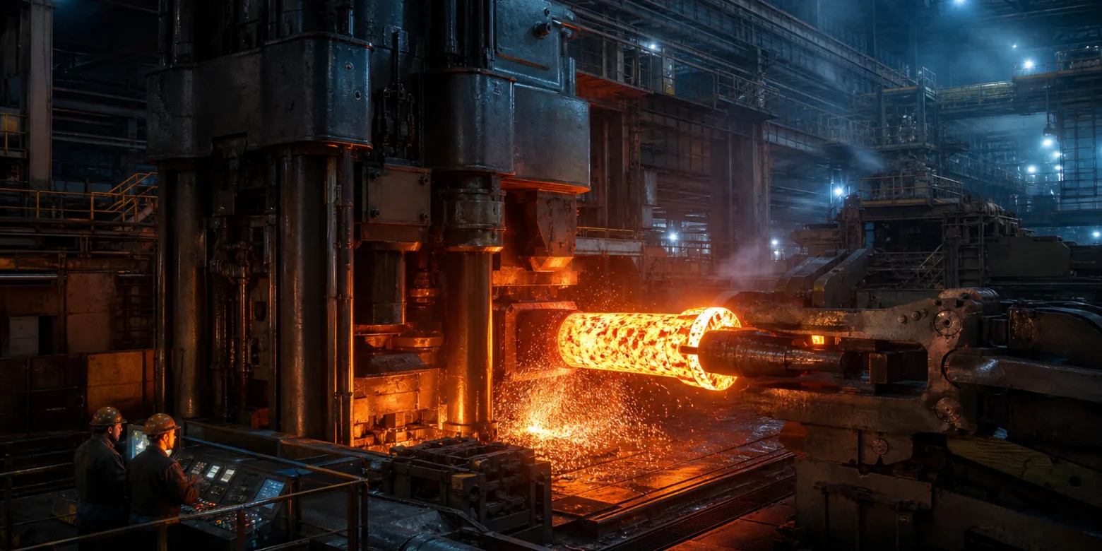 2,500 tonne fast forging press drawing down a glowing tool steel ingot
