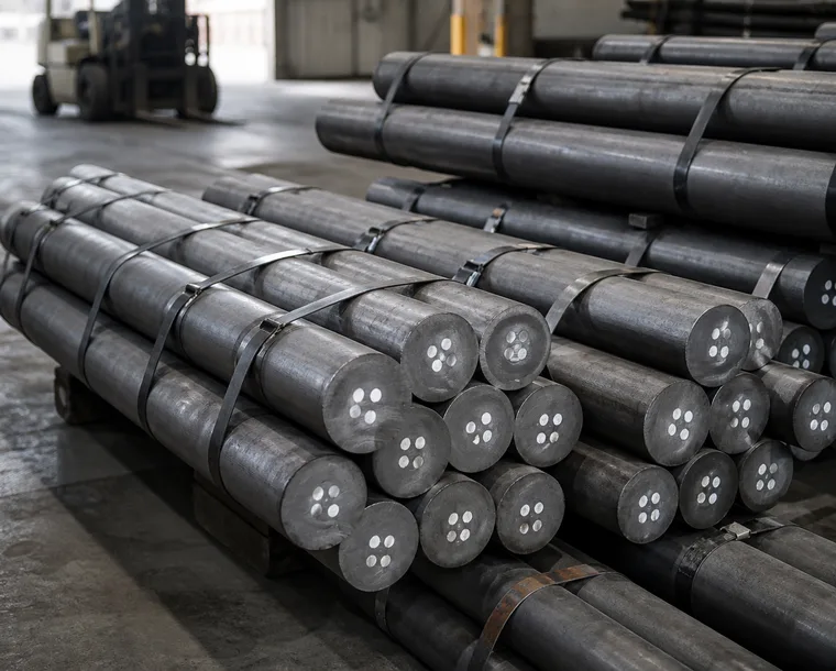 Banded stacks of annealed tool steel round bar in the finished goods store