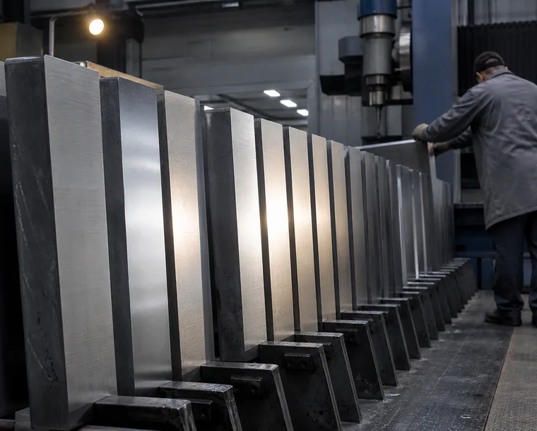 Ground tool steel plate stacked on edge beside a gantry machine