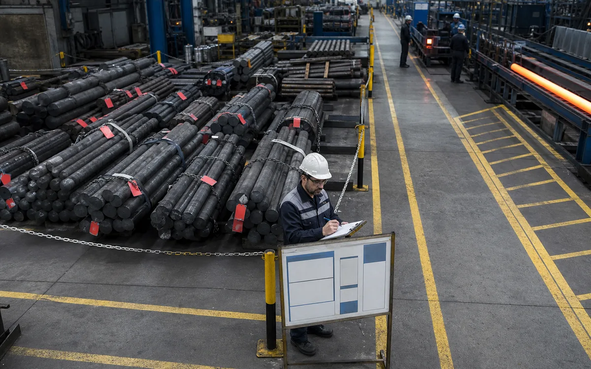 Marked stock lanes of tool steel bar being checked against the replenishment list