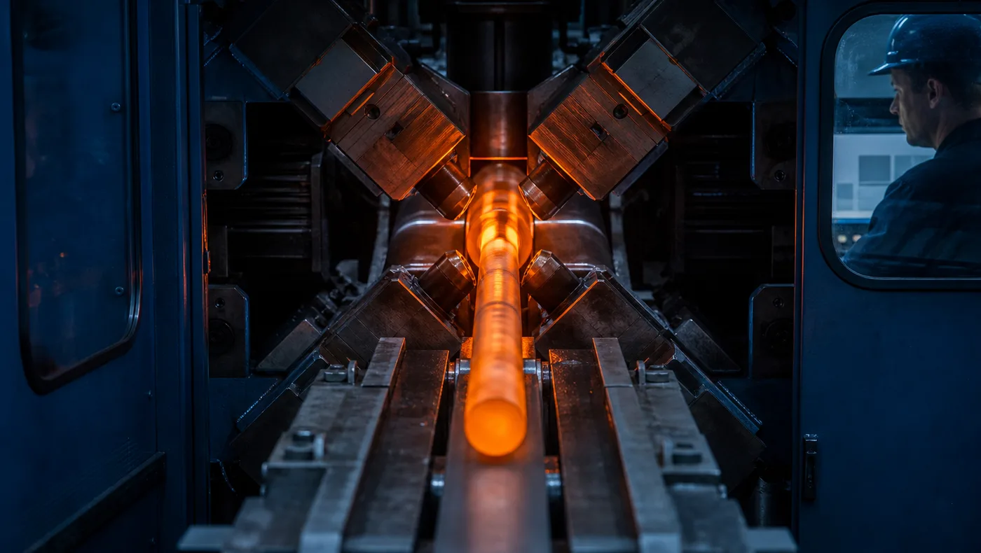 Radial precision forging machine working a small section tool steel bar