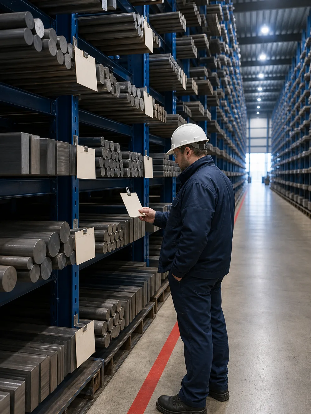 Warehouse operator checking tagged tool steel bar against a picking list