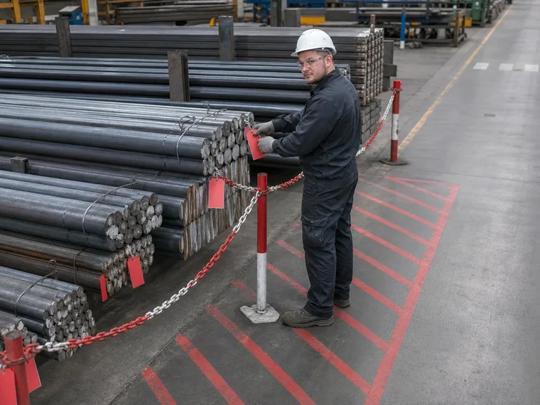 Bundles of tool steel bar held behind a marked barrier pending re-inspection