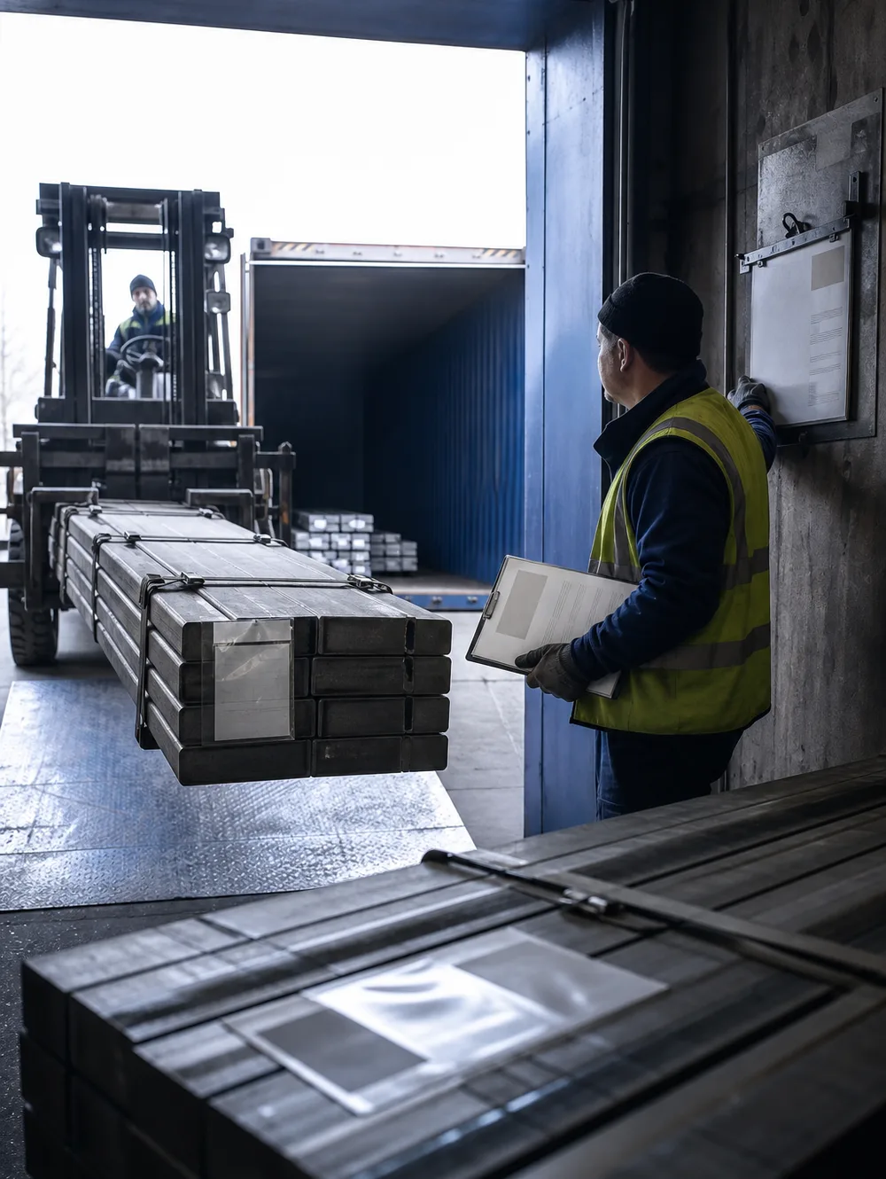 Crated tool steel flat bar being loaded into a container for export