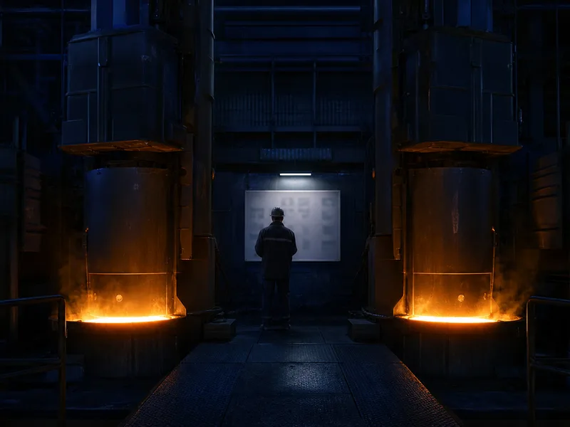 Electroslag remelting shop with two furnaces running under a dark bay roof