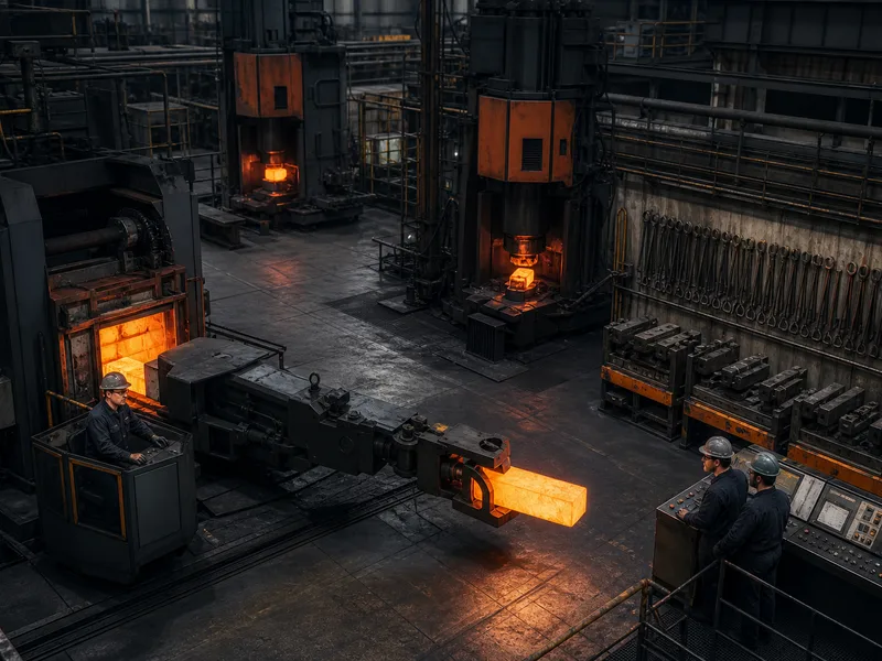Forging bay seen from above with a glowing billet under the fast forging press