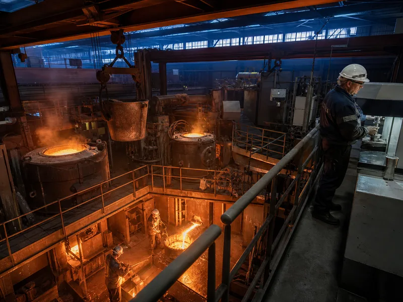 Melt shop of the tool steel factory with induction furnaces and a ladle of molten steel
