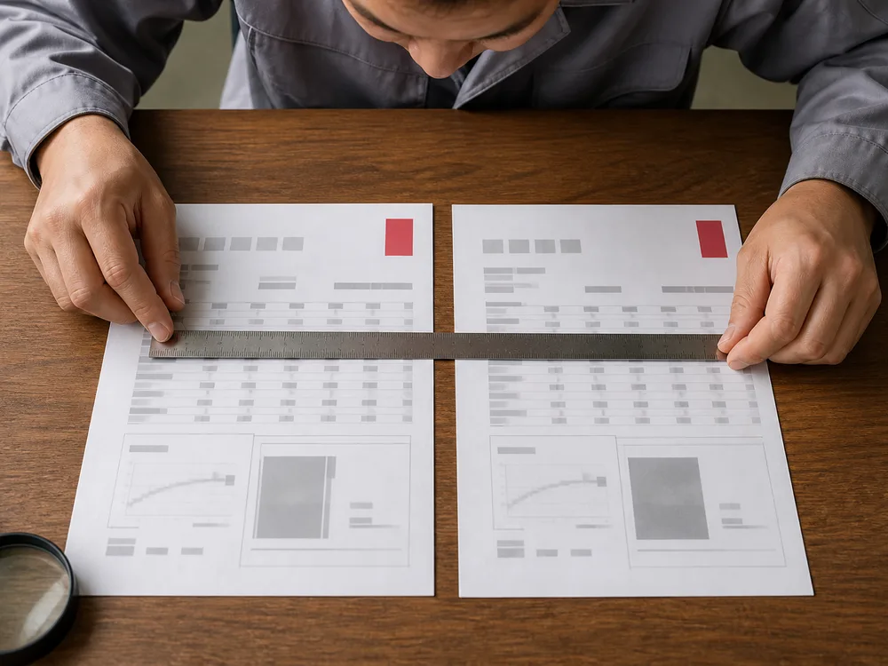 Material test certificates laid out and checked line by line against the heat records