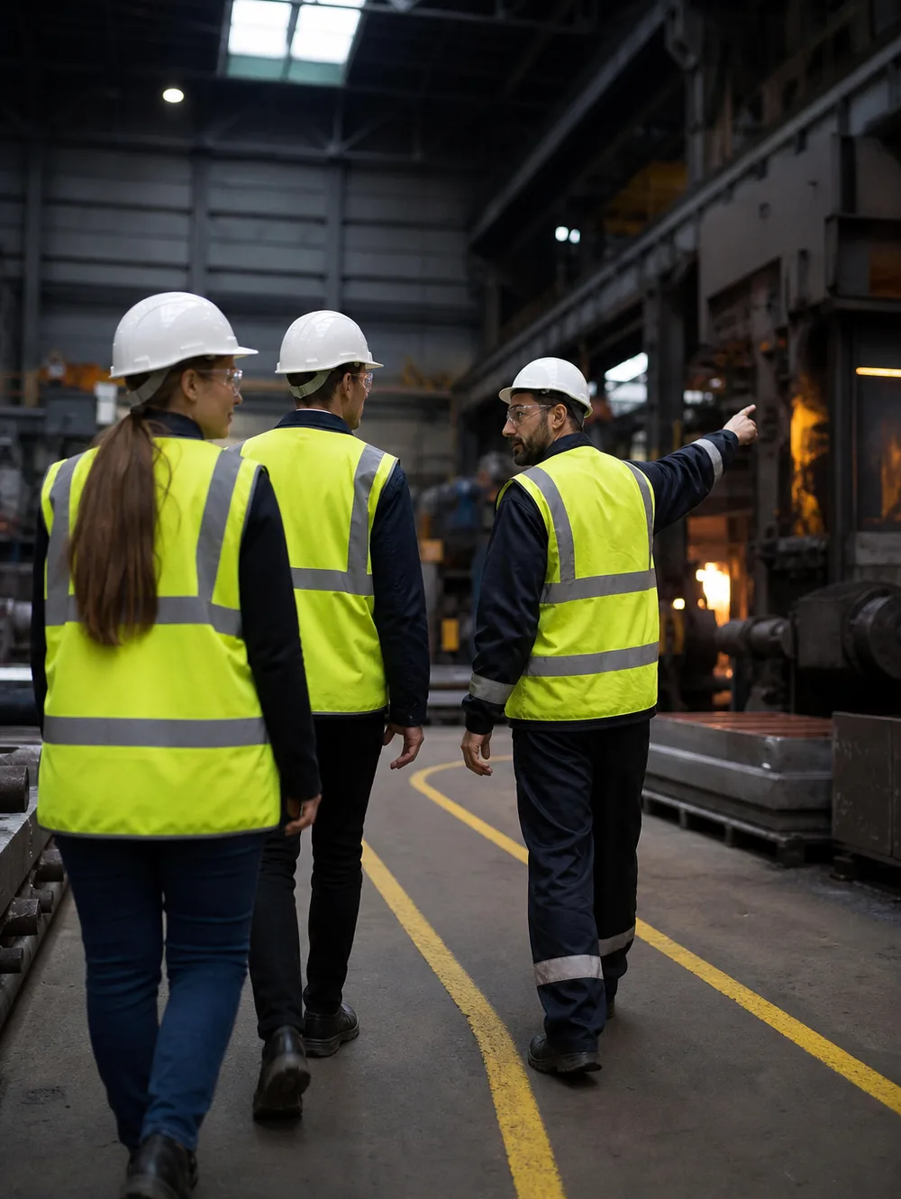 Visitors walking the marked route through the forging bay during a works audit