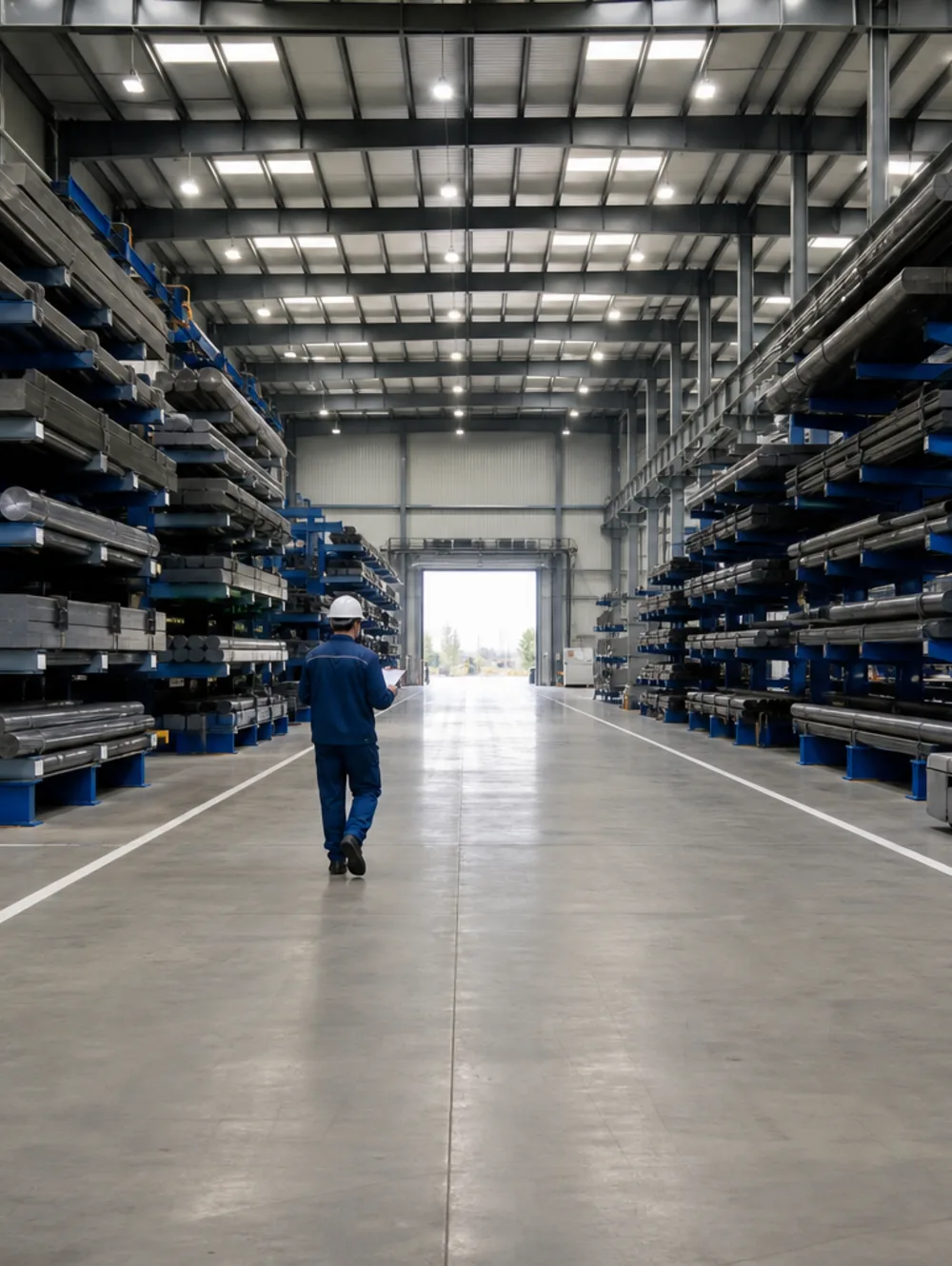 Cantilever racking aisle in the finished goods warehouse holding tool steel bar and plate