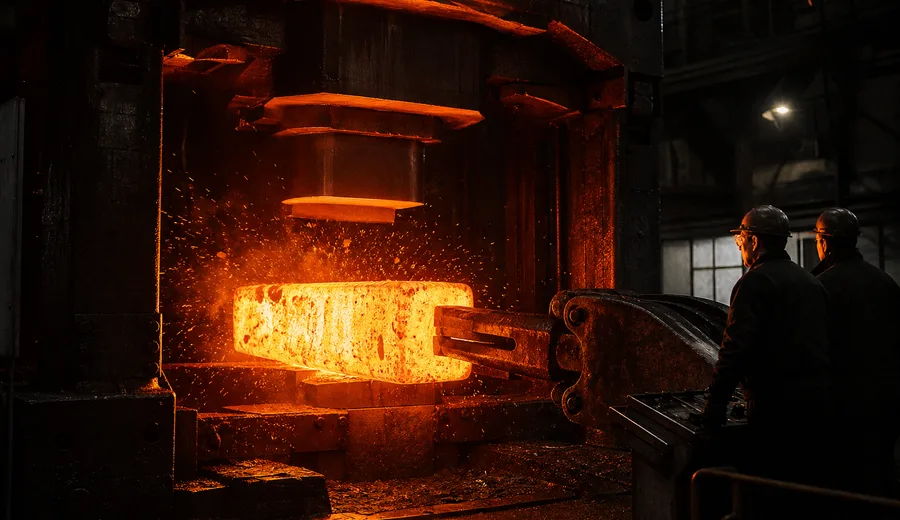 Fast forging press working a glowing tool steel billet in the original forge shop