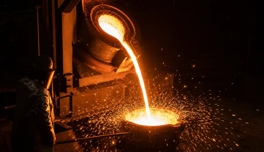 Molten tool steel being poured from a ladle into an ingot mould