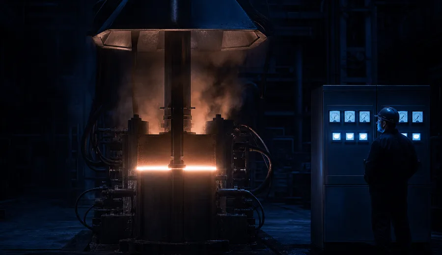 Electroslag remelting furnace running an electrode under a glowing slag pool