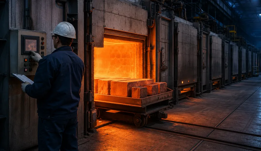 Row of bogie hearth annealing furnaces with a charged bogie at the mouth