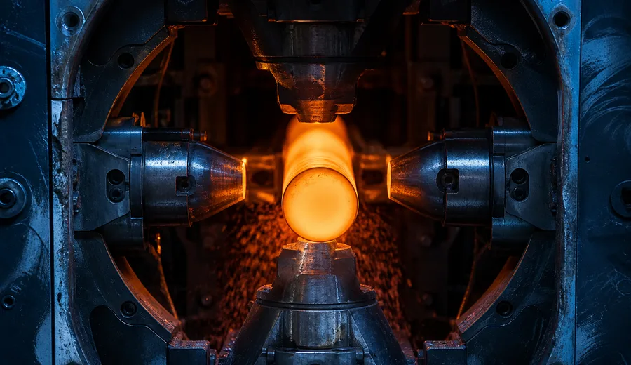 Radial precision forging machine closing on a glowing tool steel bar