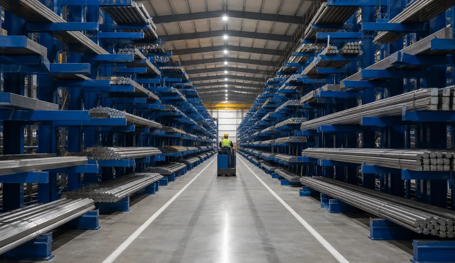 Racked aisle of the finished goods warehouse stocked with tool steel bar