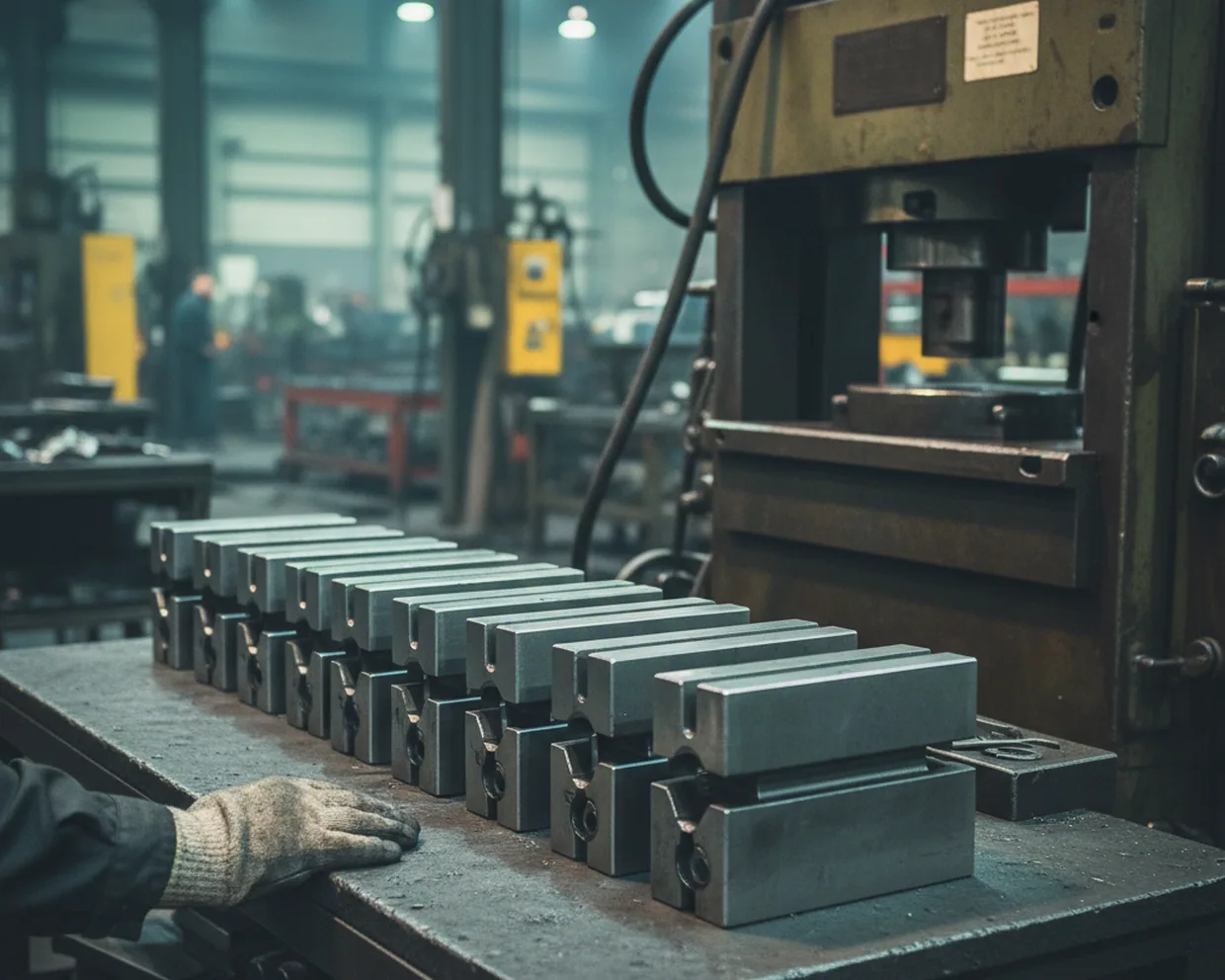 Pulled die segments laid out on a bench beside the press for inspection