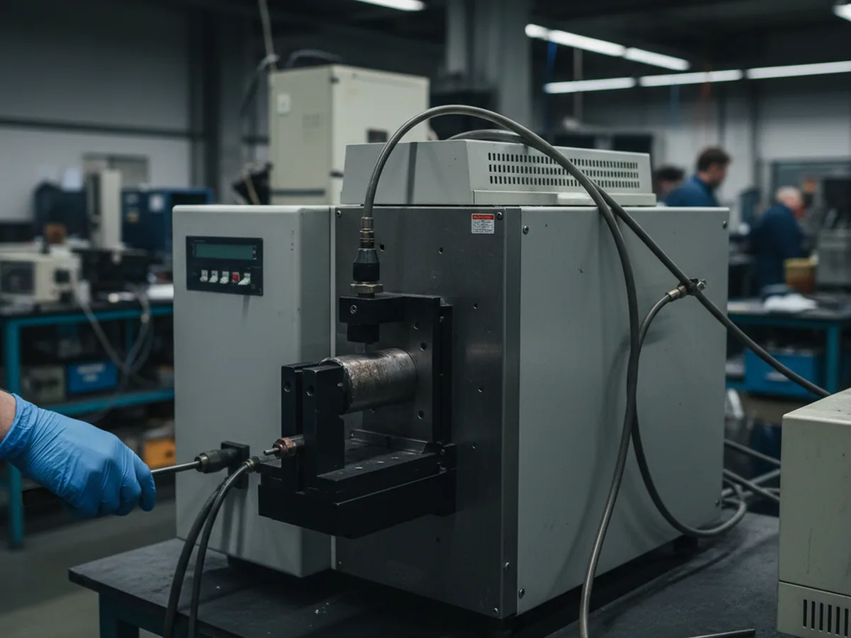 Optical emission spectrometer reading the heat behind a batch of automotive stamping die steel