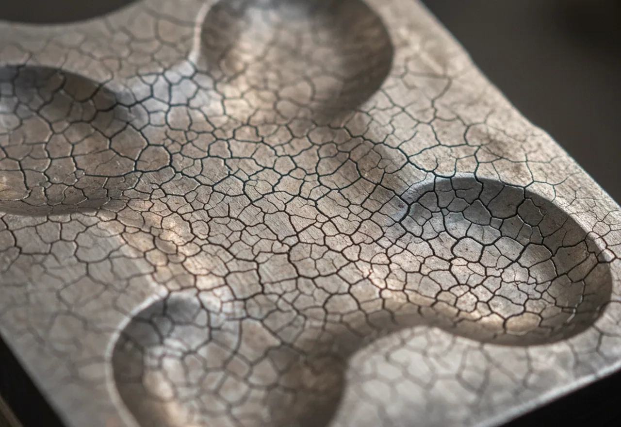 Hot forging die cavity face showing a network of fine thermal craze cracks