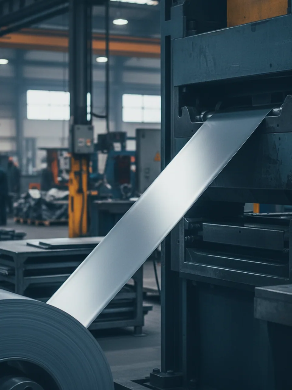 High-strength steel coil stock feeding into an automotive blanking die