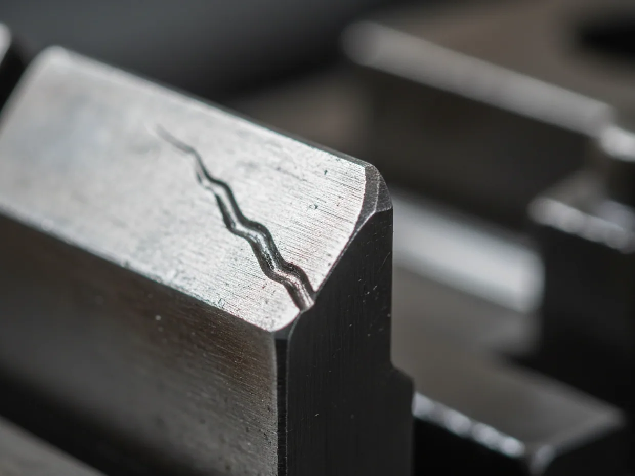 Automotive stamping die steel cutting edge rounded and polished by abrasive wear