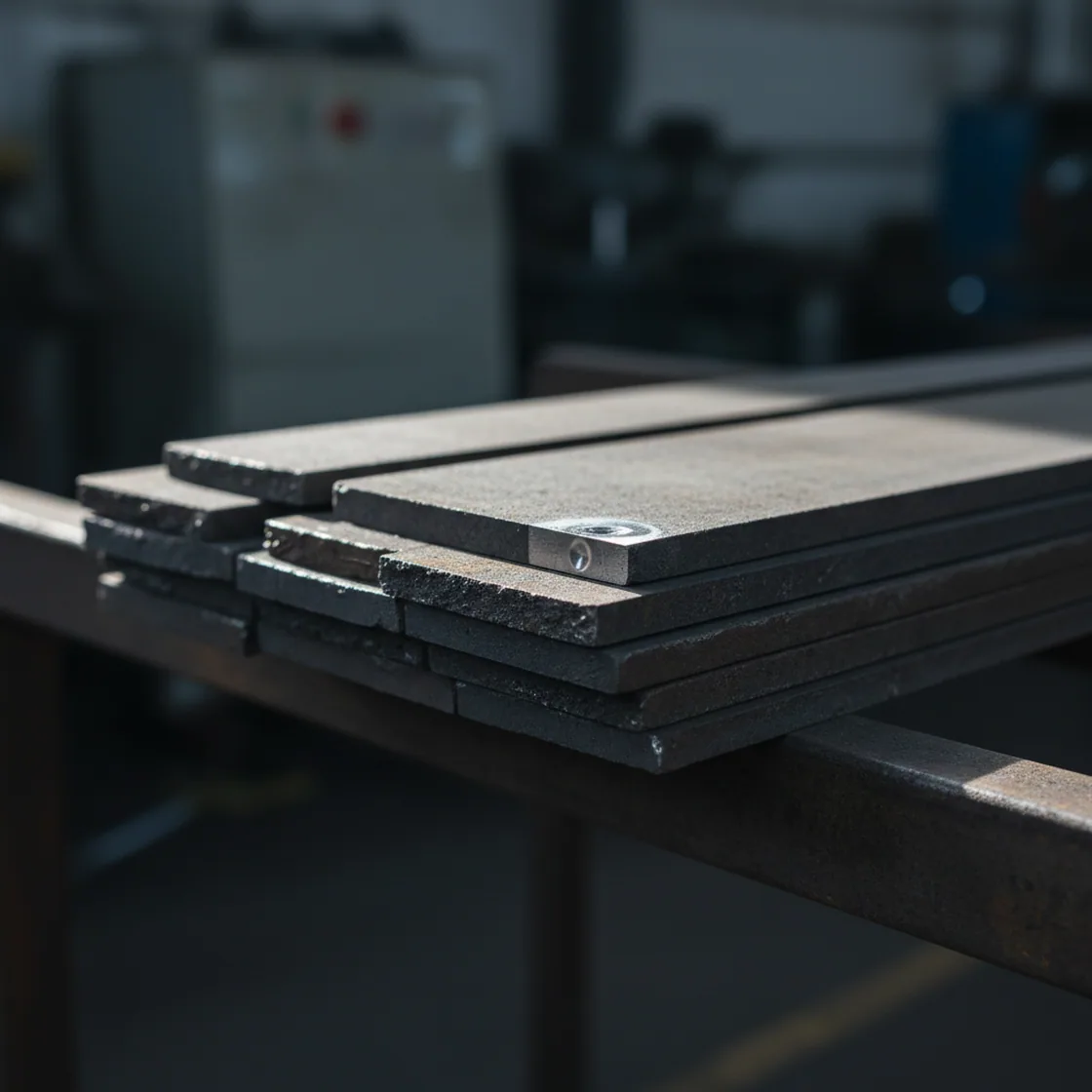 Annealed tool steel flats stacked with the hardness test spot ground clean