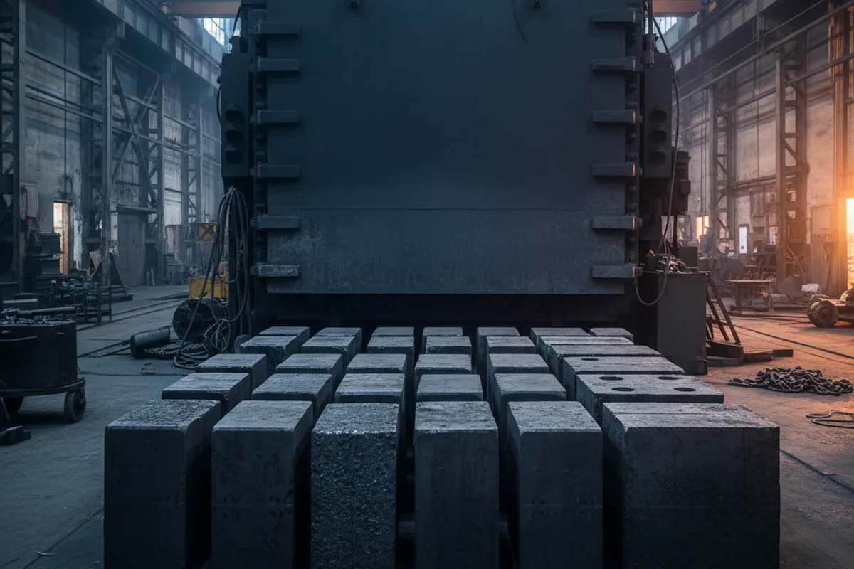 Forged die blocks queued at the annealing furnace line before finishing