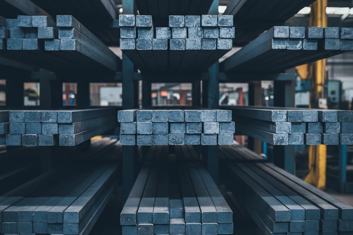 Automotive stamping die steel flats racked in the finished stock bay ready to ship