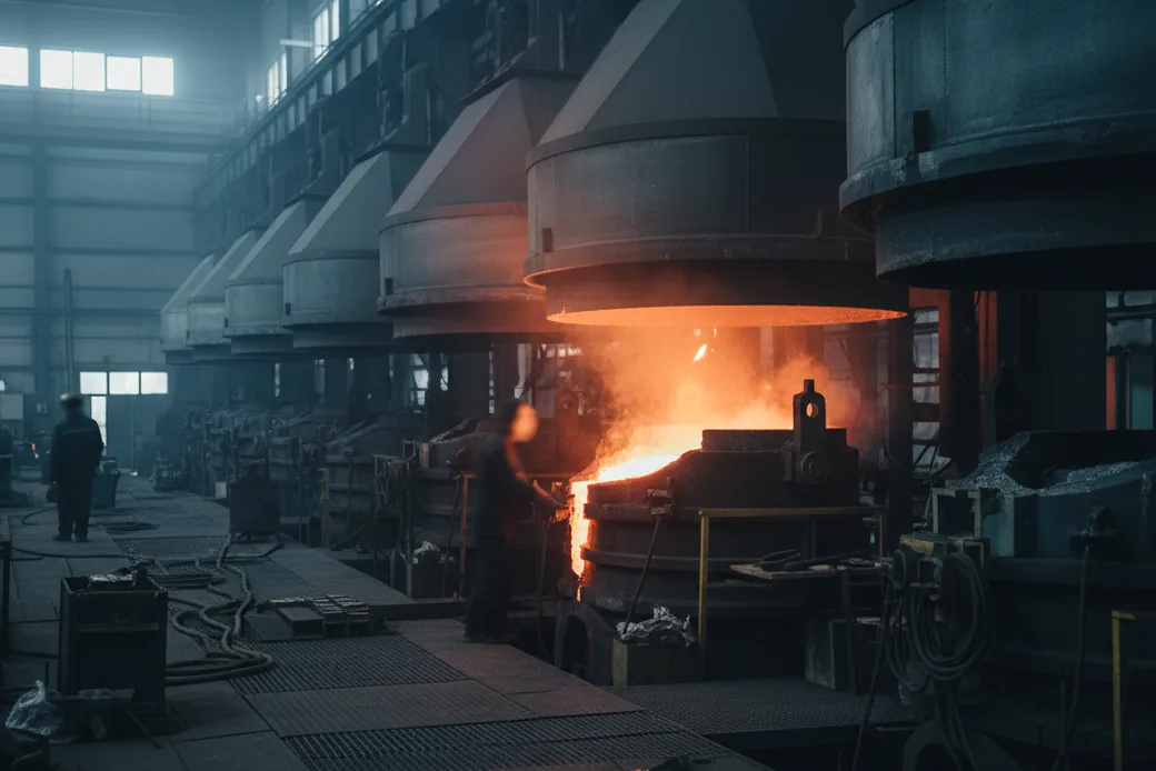 Electroslag remelting shop where every heat behind the nine cells is refined