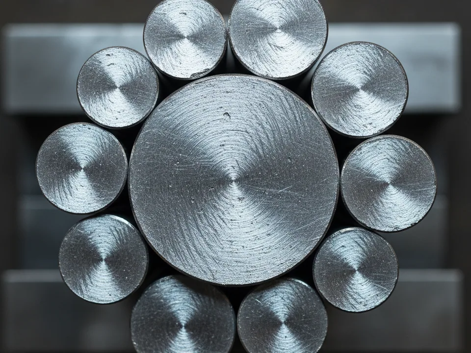 Turned tool steel round bar ends stacked across the supplied diameter range