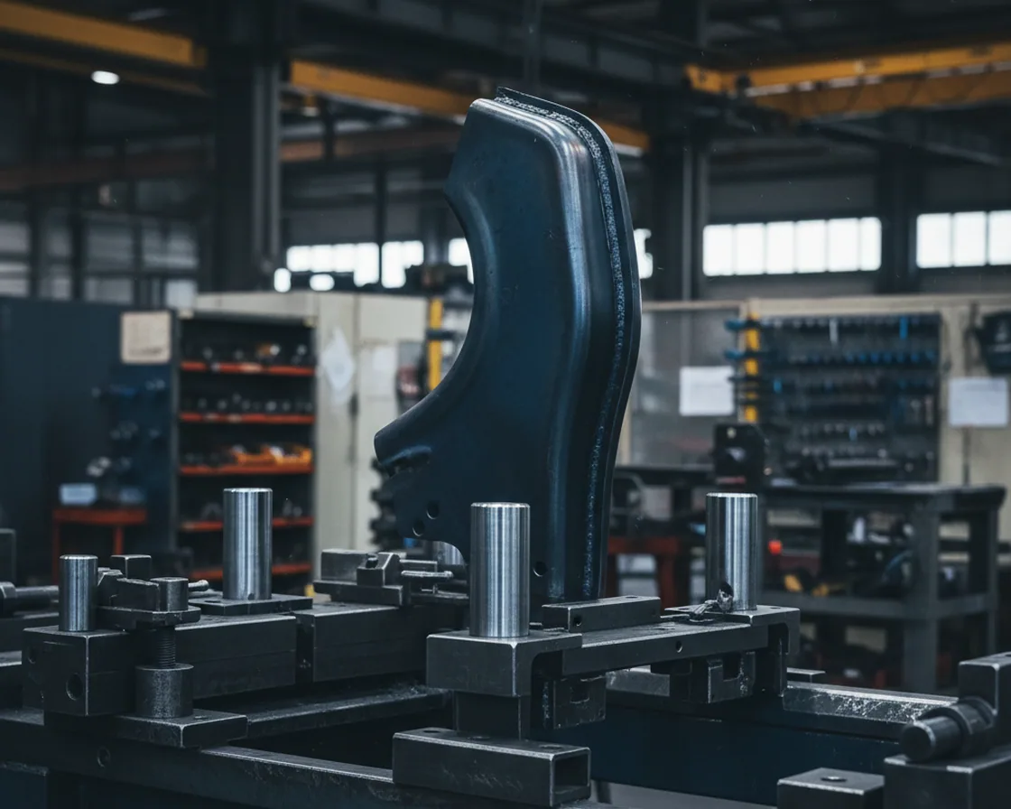 Hot-stamped boron steel body part on the trim fixture after quenching in the press