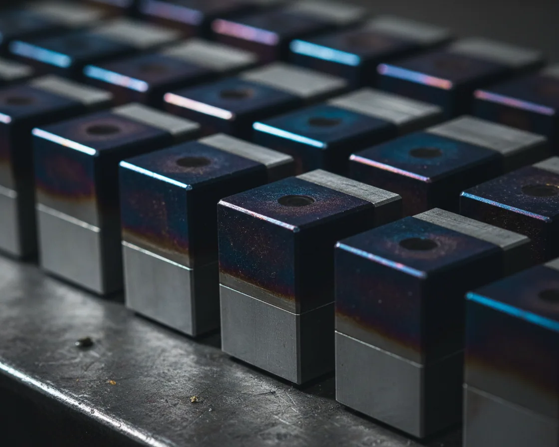 Coated pierce punches and trim inserts laid out before assembly into the die set