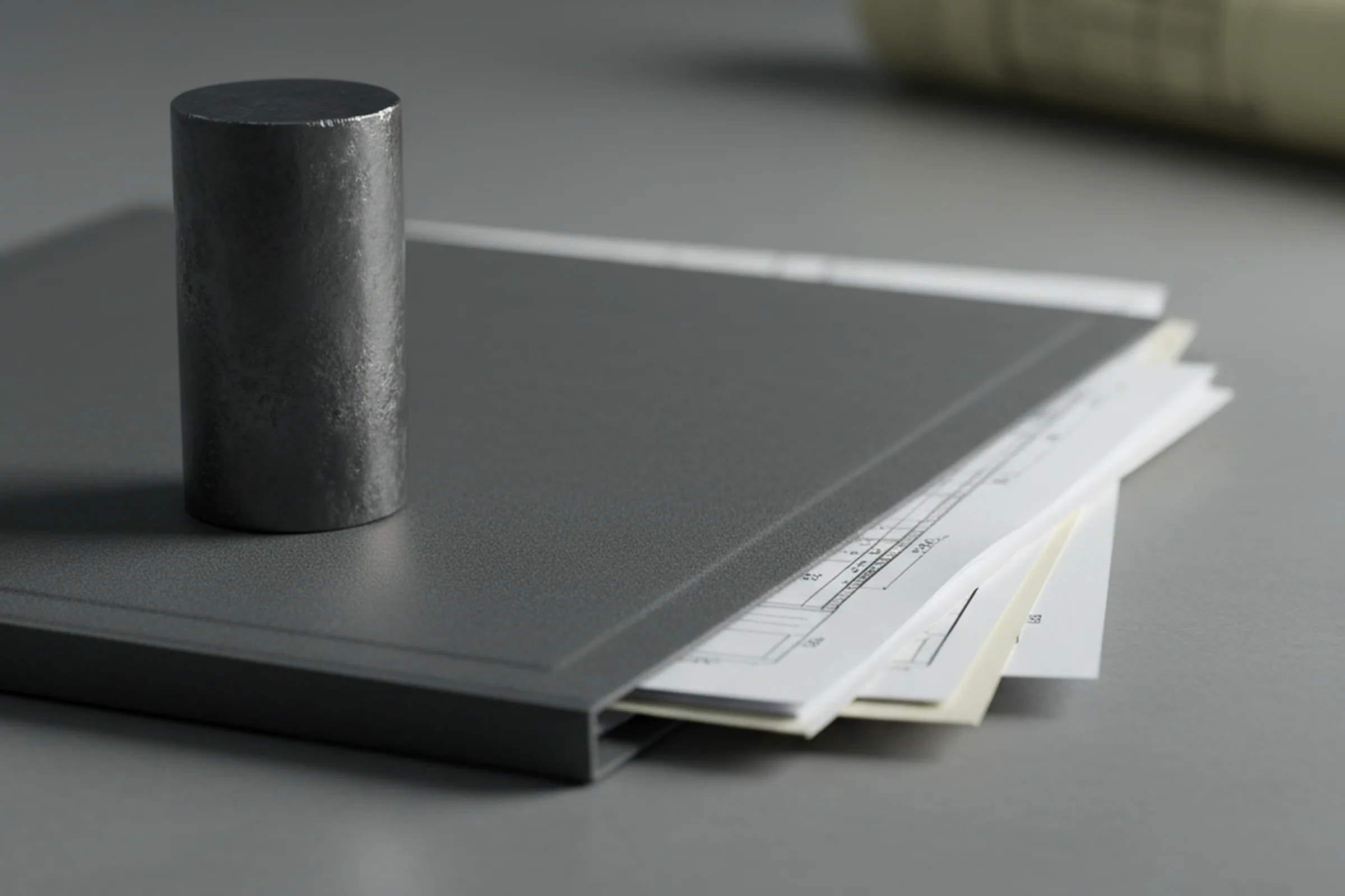 Order and inspection records filed with drawing revisions and certificate copies for a machined tool steel heat