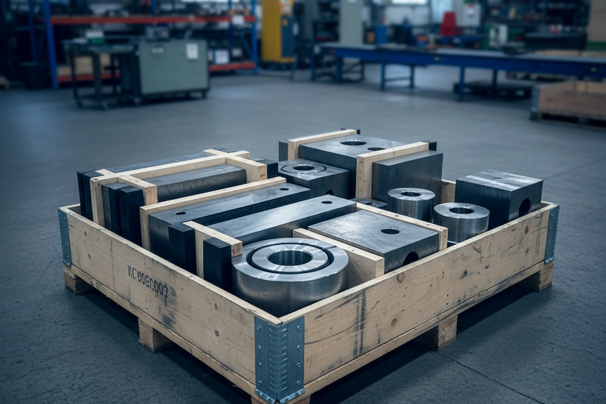 One drawing set of machined tool steel plates and blocks crated for a single mould base destination