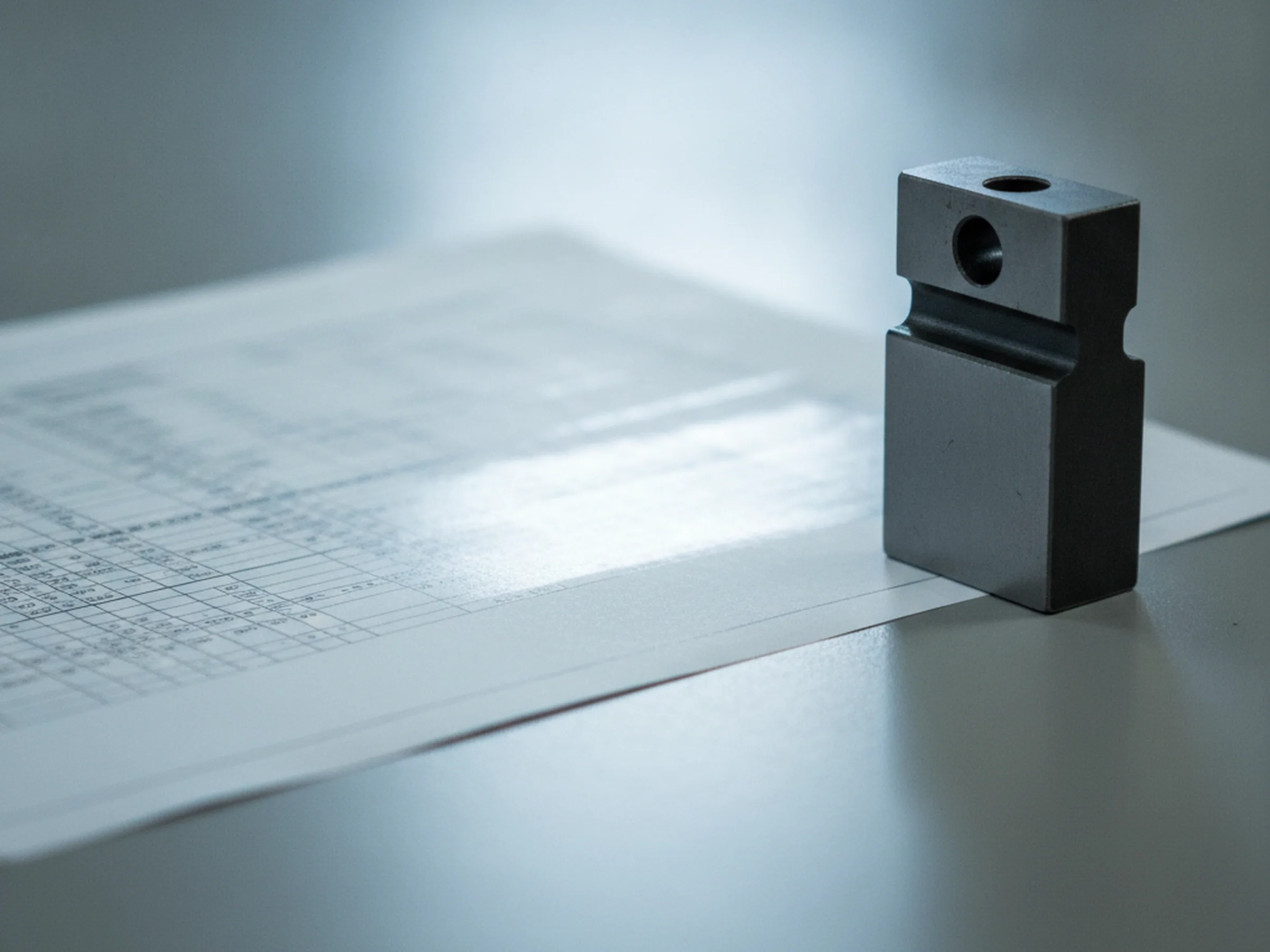 Coordinate measuring report printed beside the machined tool steel part it covers