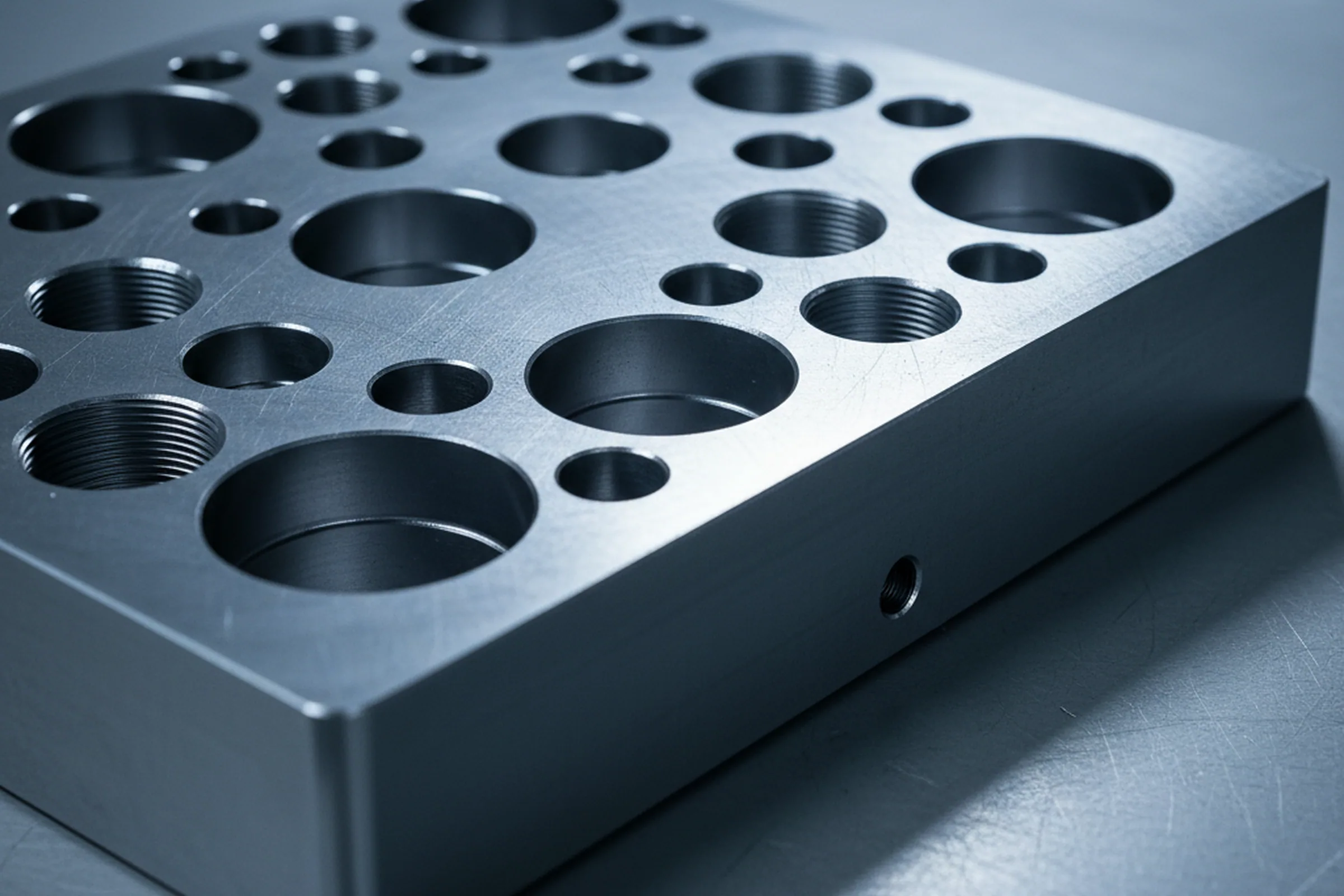 Bores, drilled and tapped holes in a machined tool steel plate on the machining centre table