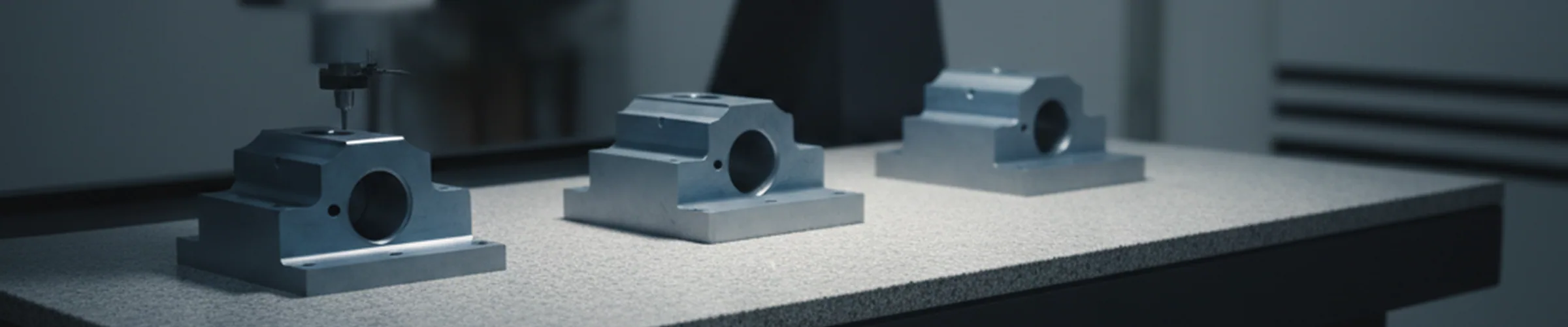 Machined tool steel parts on the granite table of a coordinate measuring machine in the finishing area