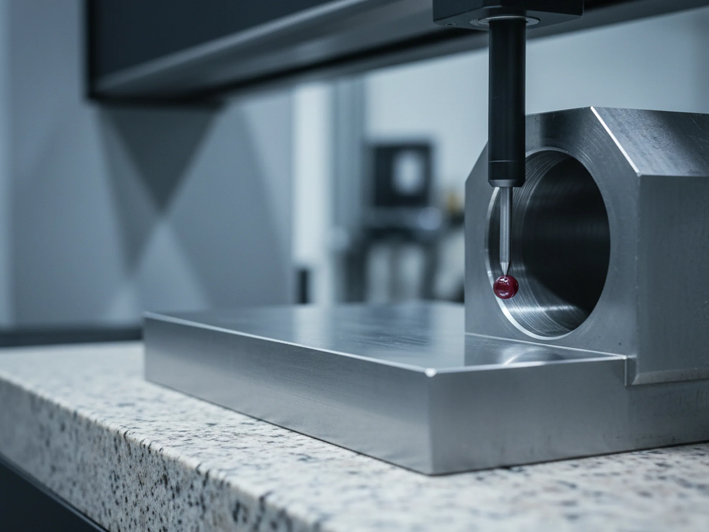 Coordinate measuring machine probe touching a bore on a machined tool steel part against its datum face