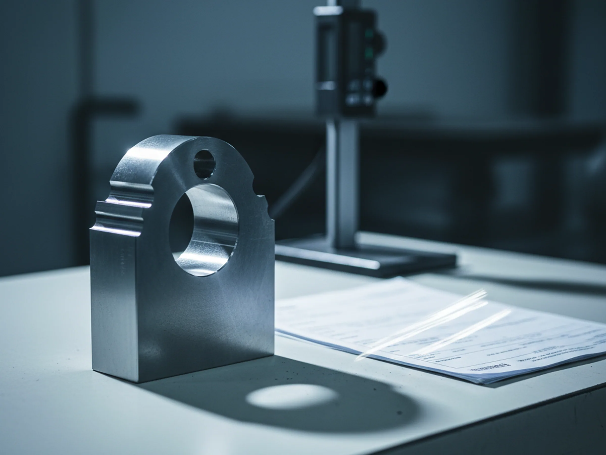 Machined tool steel part with a cut datum face resting beside its inspection paperwork at the dimensional check