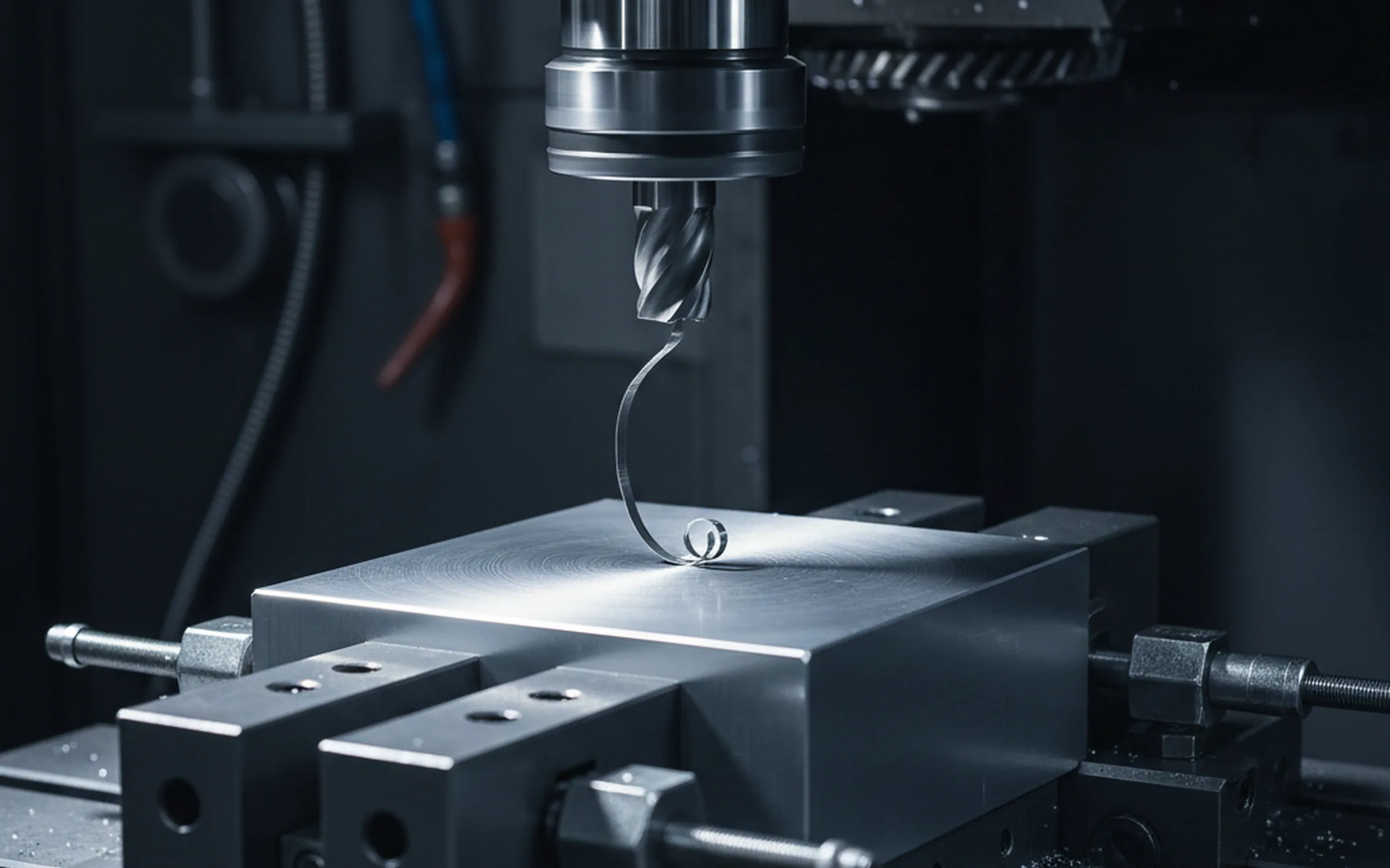Tool steel part clamped back on the machining centre for a second cut before it is measured again